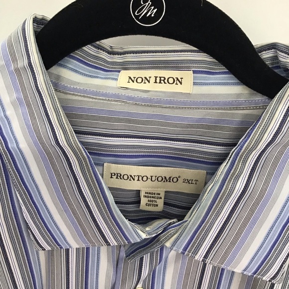 Pronto Uomo Men’s Non Iron Button-Down Casual Shirt Stripe Blue Career Size 2XLT - Picture 4 of 6
